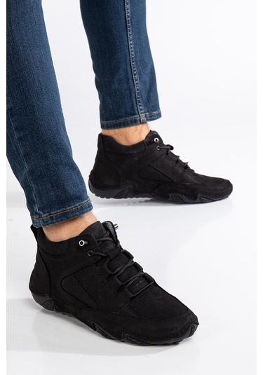 Hakiki Deri Nubuk Erkek Bot Siyah Elastik Bağcıklı Saraçlı Taban-3485 Siyah