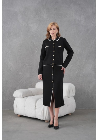 Kadın Polo Yaka Düğme Detay Ceket Uzun Etek İkili Triko Takım Siyah