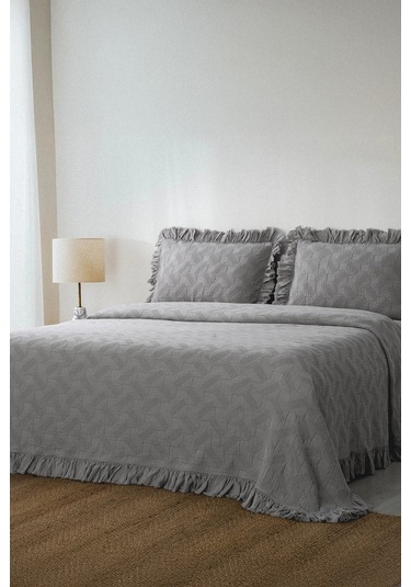 Ecocotton Tanya Gri %100 Organik Pamuk Çift Kişilik Pike Yatak Örtüsü Takımı Gri