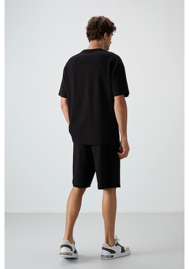 Siyah Pamuklu Kalın Yumuşak Dokulu Oversize Fit Basic Erkek Şort Takım - 85249 Siyah