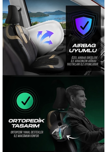 Siyah - Bej Garni Panda Monte Carlo Serisi Velor Kadife Kumaş Oto Koltuk Kılıfı - Tam Set