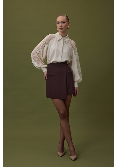 Sateen Talia Şort Etek - Kahve-137062 Kahve