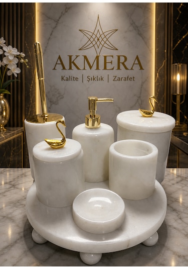 Mermer Top Ayaklı Standlı 7 Parça Lüks Banyo Seti Altın - Beyaz