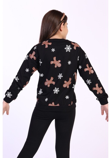 Toontoy Kız Çocuk Kar Taneli Kurabiye Baskılı Sweatshirt Siyah
