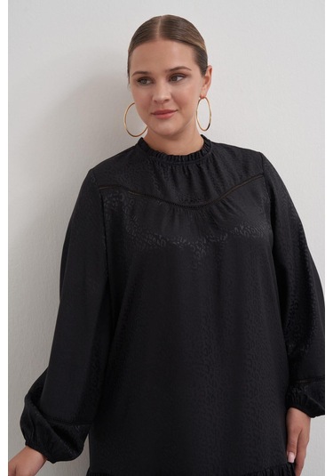 Şerit Detaylı Saten Elbise-3365 Siyah