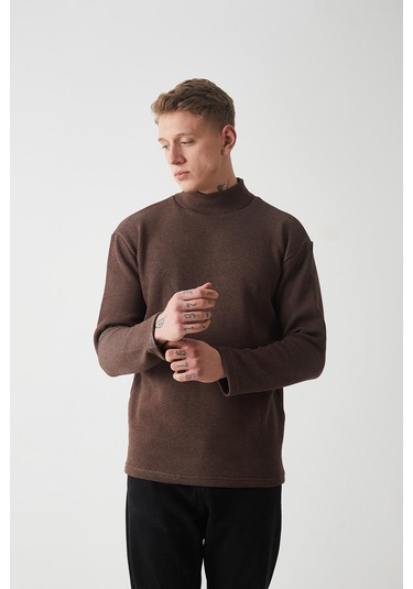R-5849 Boğazlı Düz Örme Kazak Sweat Kahverengi