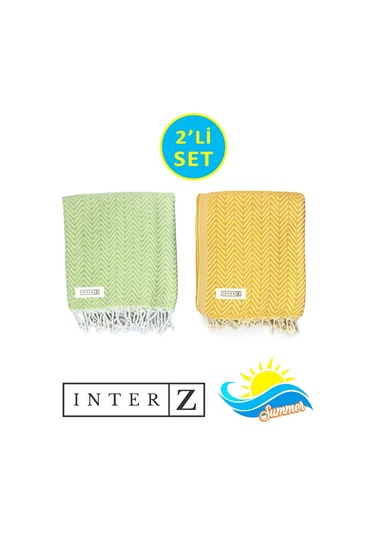 2'li Set Peştemal Plaj Havlusu , %100 Pamuk , Xxl 100x180cm, Marmaris, Fıstık Yeşili Sarı Çok Renkli
