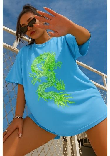Ejderha Baskılı Oversize T-shirt Bebe Mavisi
