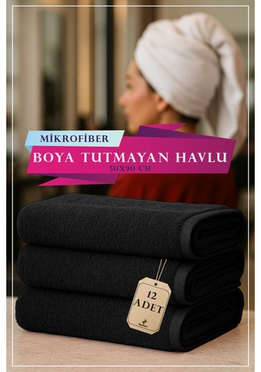 12 Adet 50 X 90 Cm Mikrofiber Havlu, Boya Tutmaz Havlu, Yüksek Sıvı Emer, Güzellik Merkezi Havlusu Siyah