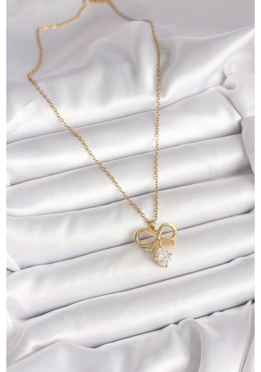 316l Çelik Gold Renk Zincir Zirkon Taşlı Kurdele Model Kadın Kolye - Tj-bko9960 Gümüş