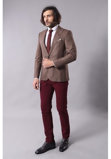 Wessi Ekose Tek Düğme Kahverengi Ceket Siyah