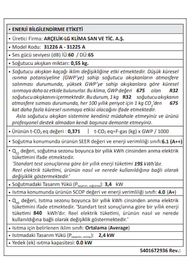 Beko 31225 A Ekolojik Inverter 12.000 BTU Split Klima
