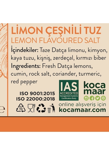 Kocamaar Çiftliği Limon Çeşnili Tuz Kimyon Kişniş Zerdeçal 70 G