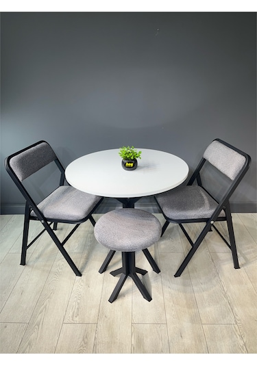 Tabure Gri Puffy Bukle Kumaş Puf Makyaj Masası Sandalyesi Metal