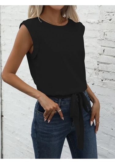 Ge Ticaret Kadın Sıfır Kol Etek Ucu Bağlama Detay Ithal Krep Bluz Siyah