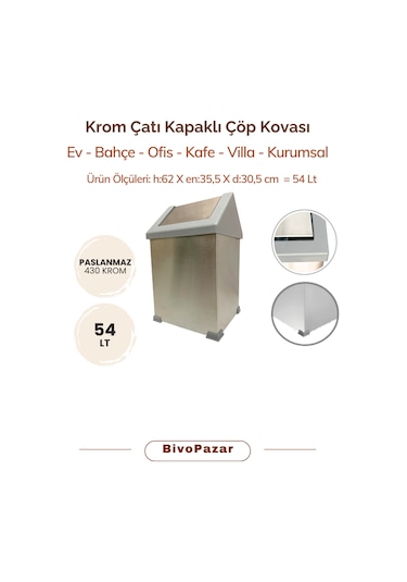 Krom Sallanır Çatı Kapaklı Çöp Kovası 54 Lt Krom