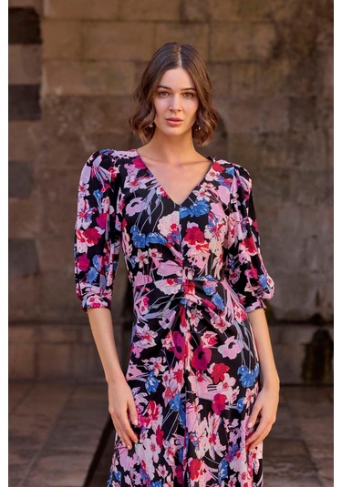 Monamise 23025 Kadın Fakir Kol Çiçekli Elbise-çiçekli Çok renkli