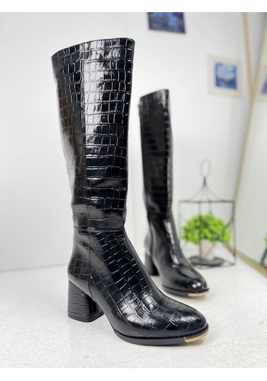 Günlük Kadın Yüksek Kalın Topuklu Fermuarlı Diz Altı Rahat Çizme 3001 Siyah Krokodil