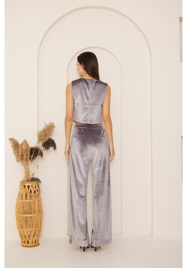 Darlin Moda Kadın Antrasit Yüksek Bel Geniş Paça Kadife Pantolon Dm3002 Antrasit