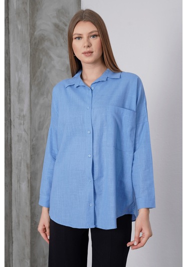 Paw Garage Kadın London Keten Tek Cepli Oversize Gömlek, Premium Kalite Keten Gömlek Mavi