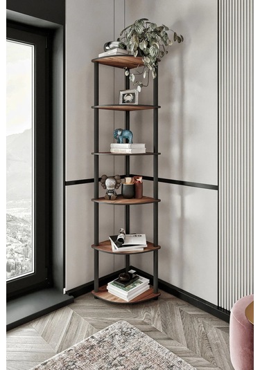 6 Katlı Dekoratif Köşe Kitaplık Ceviz Ceviz