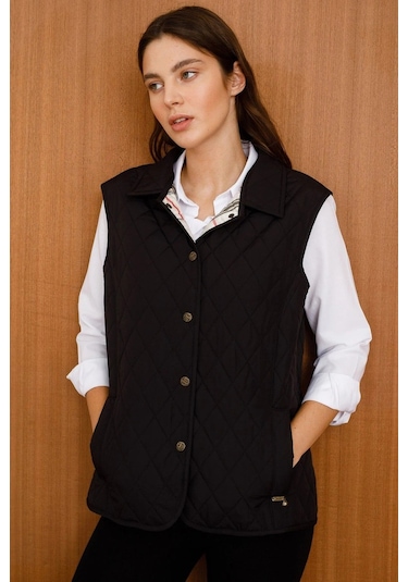 Desen Kolsuz Kapitone Yelek - Minimalist Oversize Günlük Siyah