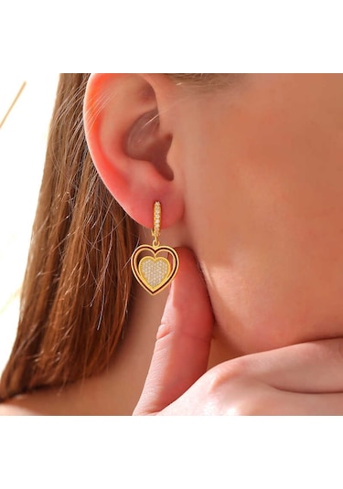 Aya Diamond Gümüş Gold Sallantılı Kalp Kadın Küpe Gold