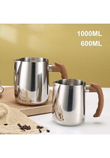 Novahub 600/1000ml Gümüş Paslanmaz Çelik Latte Kahve Fincanı Süt Köpürtme Sürahi Ahşap Saplı Damlamasız