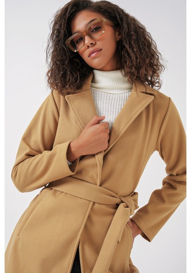 9118 Kruvaze Yaka Kaşe Kaban - Hardal Hardal