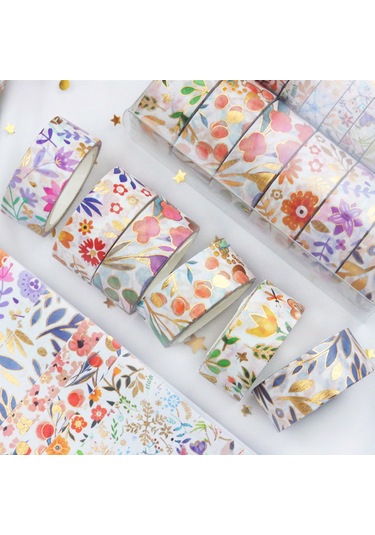 Springsun 18 Rulo Altın Varaklı Çiçekli Washi Bant Seti Dıy, Scrapbook & Hediye Paketi İçin Botanik Desenler