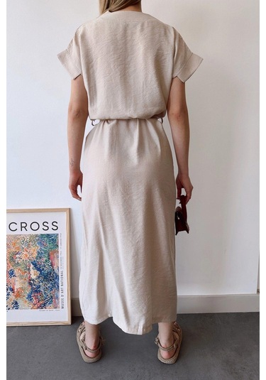 Kadın Taş Kısa Kol, V Yaka, Düz Renk Desen, Basic Kalıp/kesim, Aerobin Kumaş, Kuşaklı Maxi Elbise Taş