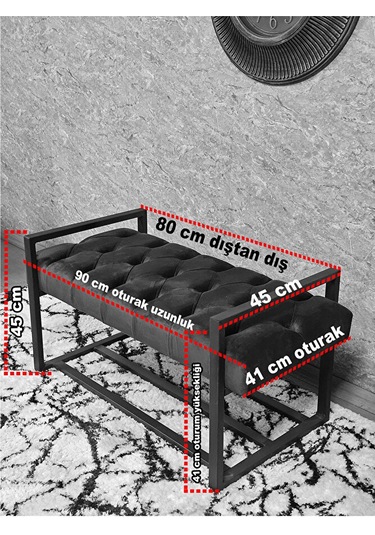 Siyah Boyalı Metal 80 Cm Puf Bench - Antre Puf - Hol Bench - Puf Çok Renkli