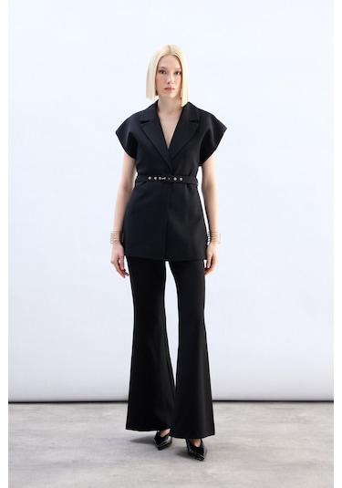 Sateen Kemerli Uzun Yelek - Siyah-136850 Siyah