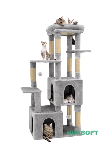 Çok Katlı Ponponlu Tırmalamalı Teraslı Lüx Kedi Oyun Evi Nursoft-0108