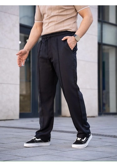 Erkek Keten Cepli Çıma Dikişli Jogger Buggy Pantalon Rahat Kalıp - Siyah Siyah