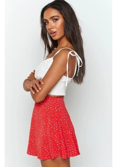 Fastbuy Mavi Çiçekli Fermuarlı Şifon Etek - Kısa Halterli Kadın Etek Mavi