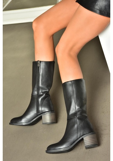 Fox Shoes R996071109 Siyah Kalın Topuklu Fermuarlı Kadın Çizme Siyah