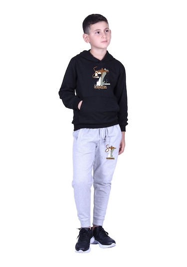 Kapüşonlu Kanguru Cepli California Baskılı Erkek Çocuk Eşofman Takımı Siyah - Gri