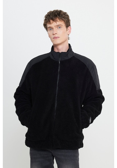 Relaxed Fit Geniş Kesim Fermuarlı Omuz Detaylı Siyah Sherpa Ceket Siyah