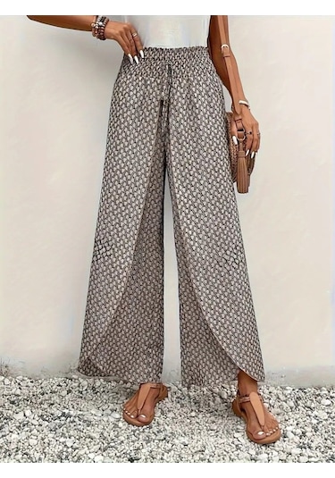 The İstanbul Kadın Yüksek Bel Lastikli Önden Iki Parçalı Desenli Bürümcük Pantolon Bej