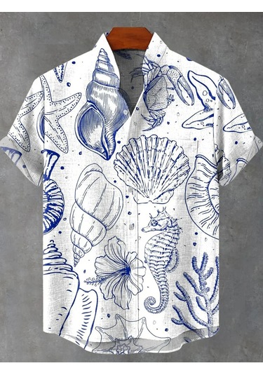 Snapbuy Retro 3d Sanat Baskılı Çizgili Balık Desen Keten Erkek Gömlekturuncu Turuncu