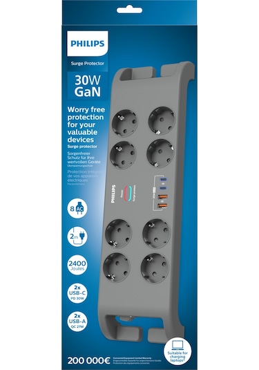 Philips Spn8180ga Akım Korumalı Priz 8'li + 2x Usb-a 18w + 2x Usb-c 20w - 2m Kablo - Siyah 2 m
