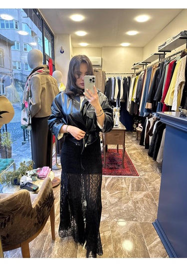 Ayçagüney İçi Astarlı Beli Lastikli Dantel Etek - Siyah Siyah