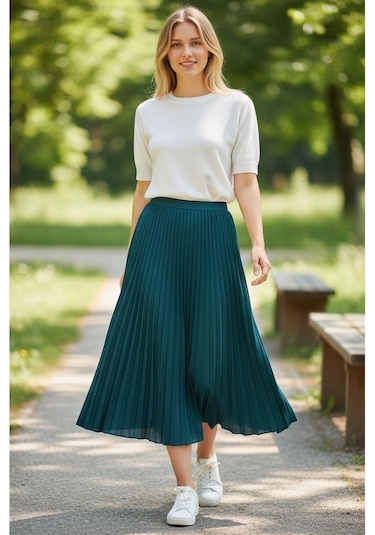 Eren Style Pileli Pamuklu Diyagona Beli Lastikli Etek 95 Cm - 38-50 Petrol Mavisi