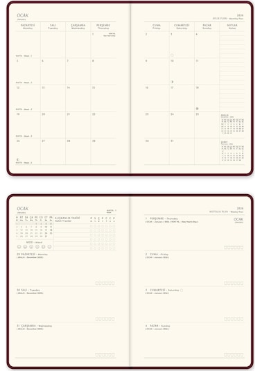 2026 A5 Keten Haftalık Ajanda 12 Aylık Bordo Bordo