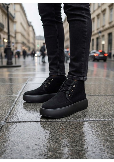 Ba0550 İçi Kürklü Bağcıklı Siyah Taban Erkek Tarz Spor Bot Siyah