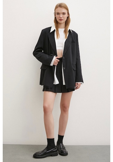 Never More Cep Kapaklı Kesik Detaylı Blazer Ceket Siyah Siyah