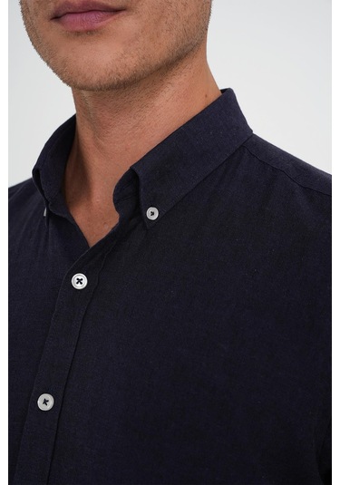 Comfort Fit Düğme Yaka Kısa Kol %100 Keten Düz Lacivert Gömlek G 1596 Lacivert