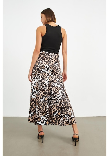 Stella Pulvis Kahverengi Leopar Desenli Beli Lastikli Saten Maxi Etek Kahverengi