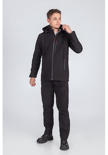 Suya Dayanıklı Slim Fit Softshell Kapüşonlu Erkek Mont Siyah Suya Dayanıklı Slim Fit Softshell Kapüşonlu Erkek Mont Siyah